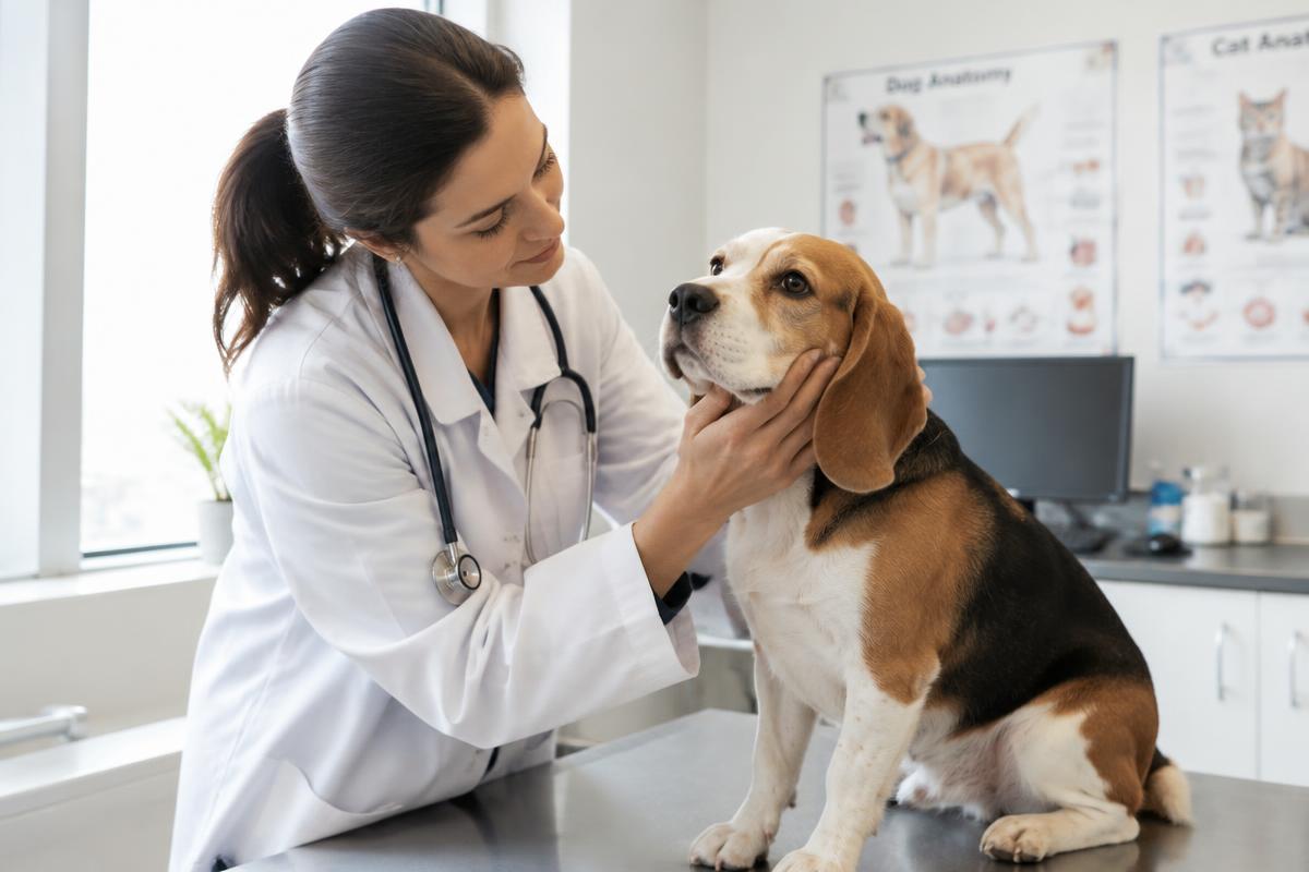 Veterinarian gently examining a beagle on a clinic exam table
