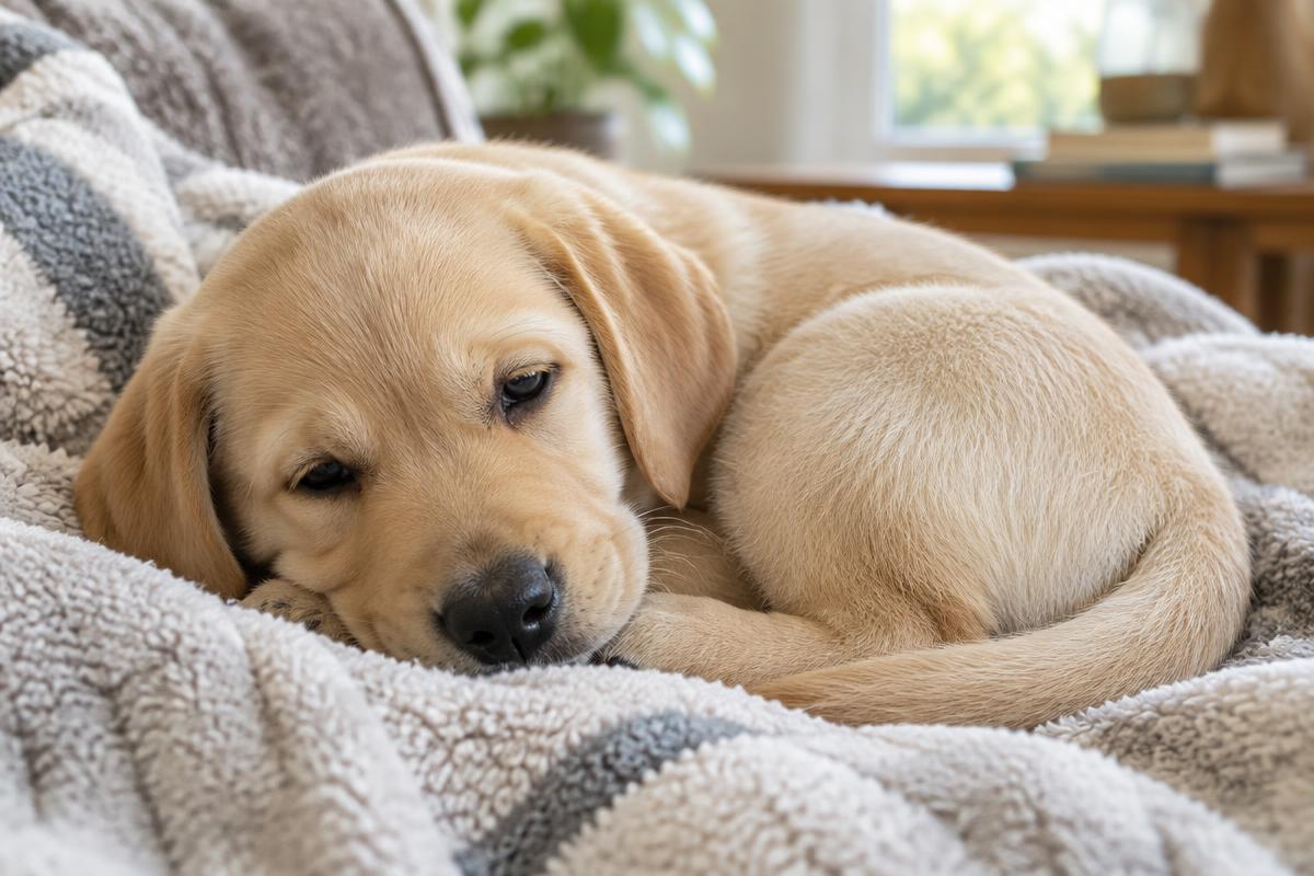 Yellow labrador puppy asleep on a soft grey blanket