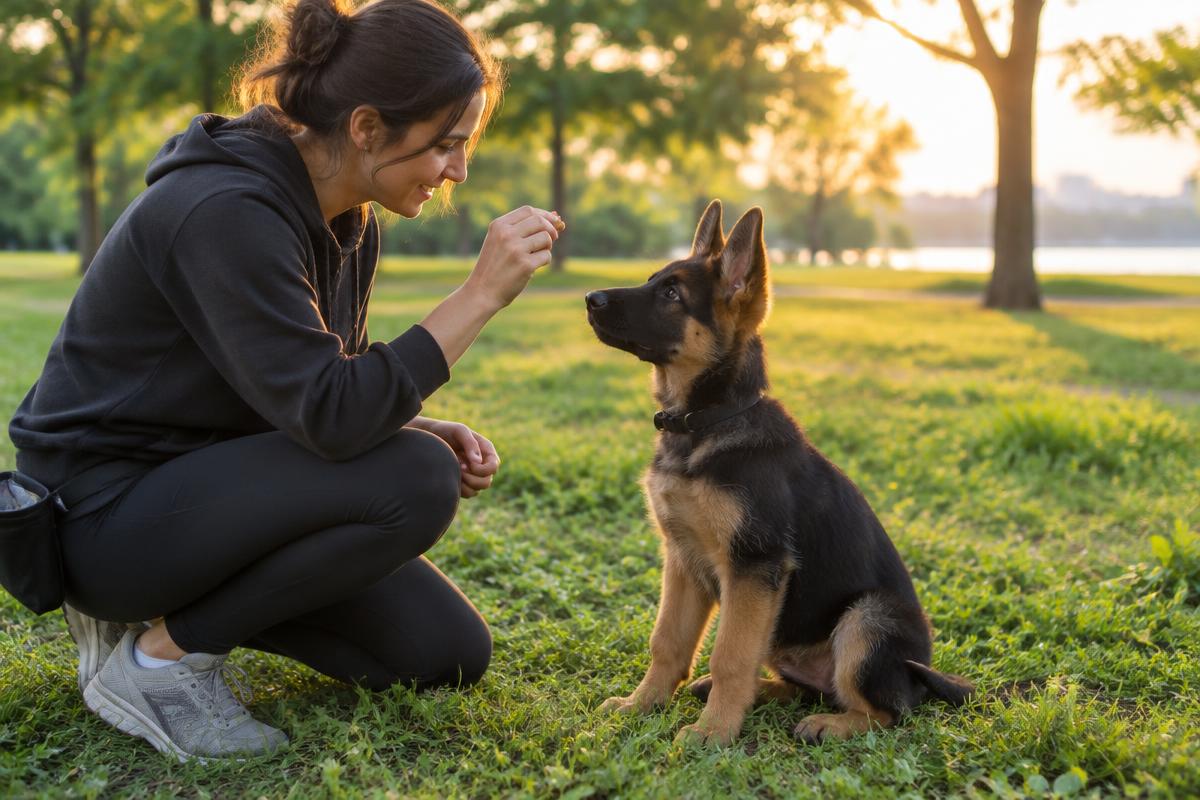 Woman kneeling in a park teaching a German shepherd puppy to sit